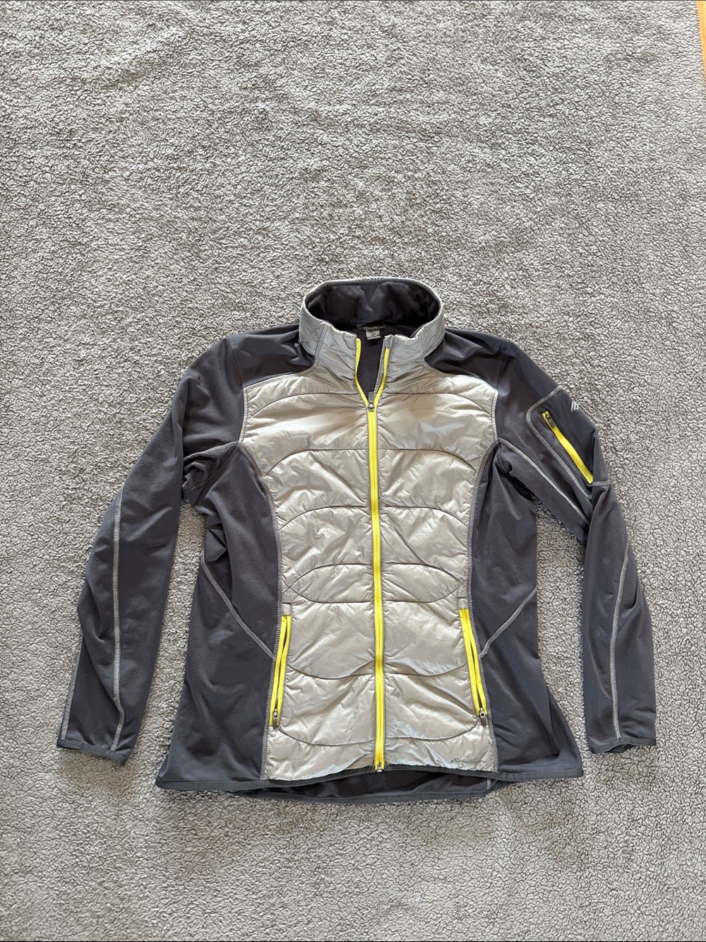 Eddie Bauer Gray & Silver Hybrid Puffer Jacket with Yellow Zippers